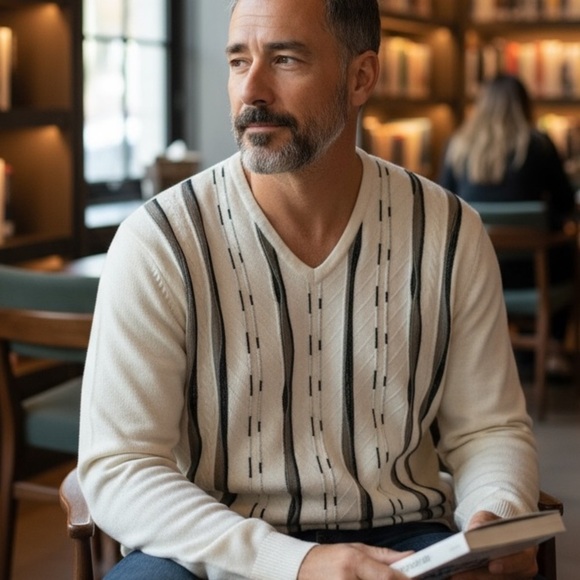 Vintage Cream V-Neck Sweater with Gray and Black Dotted Stripes Large - Picture 1 of 9